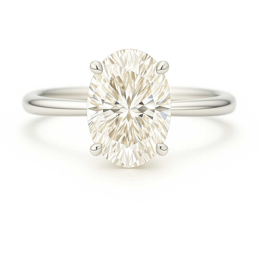 8×6 mm oval-cut Moissanite solitaire in white gold-plated 925 silver with palladium alloy—brilliant, elegant, and hypoallergenic. Available now at BSI Jewelry.