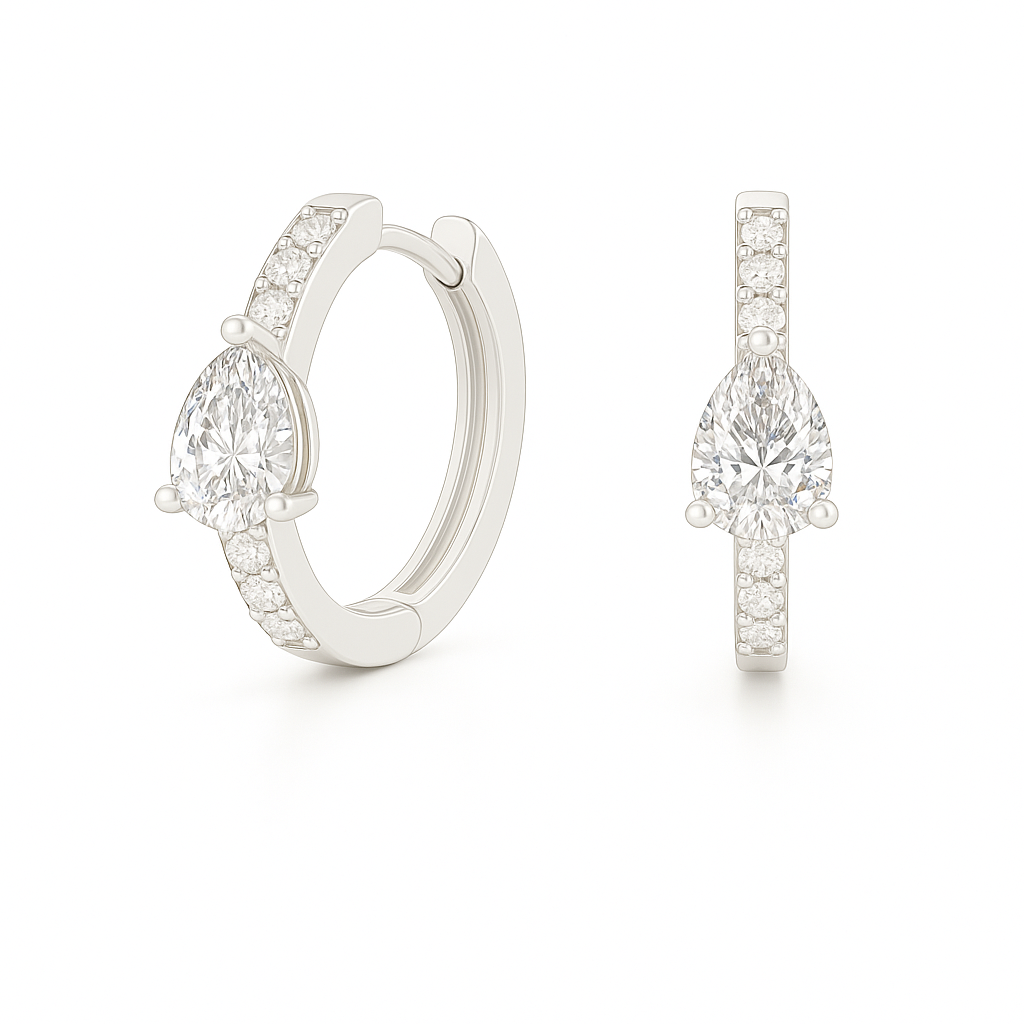 Elegant pear-cut Moissanite huggie earrings in white gold-plated 925 silver, offering timeless brilliance and refined for any occasion. Available at BSI Jewelry.