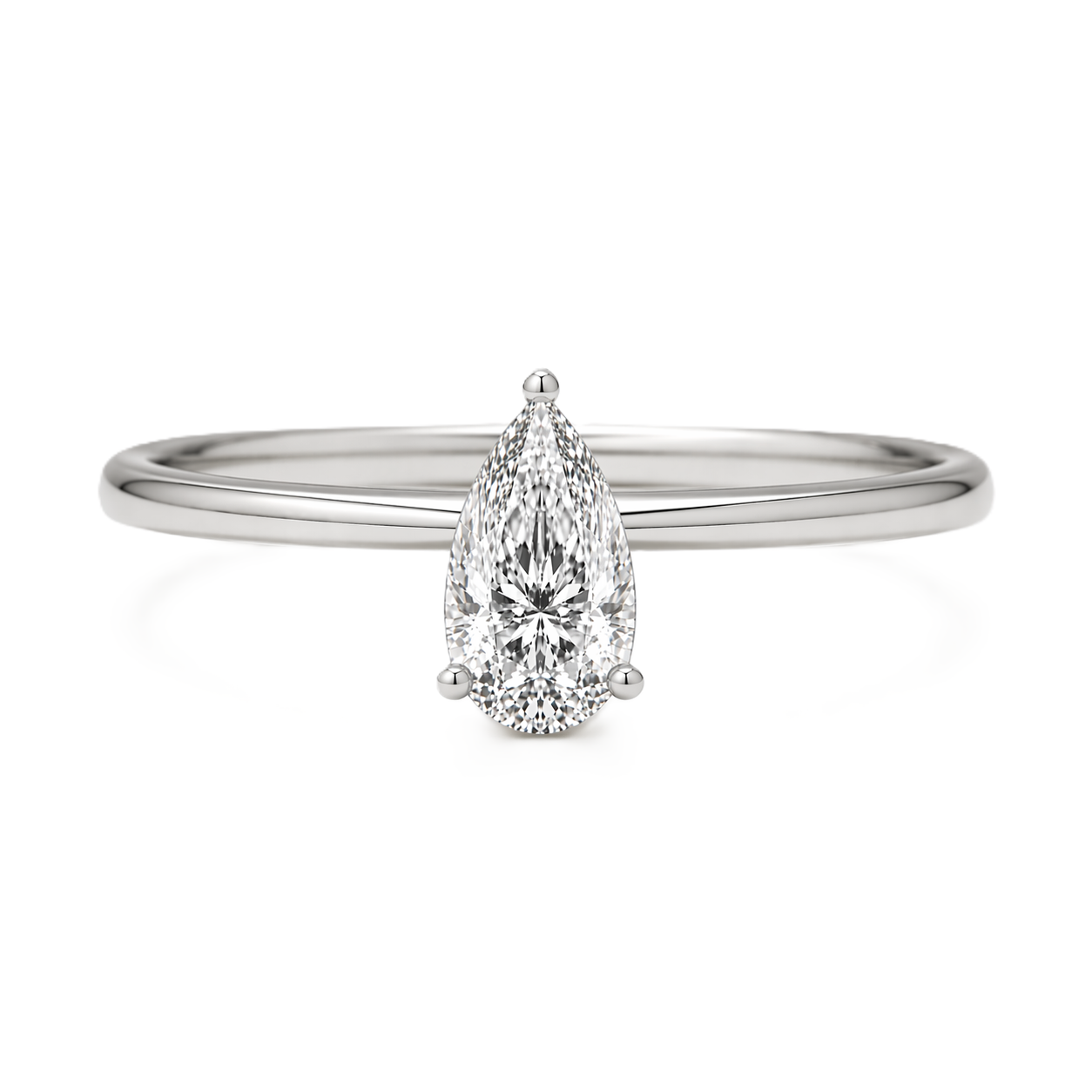 5x3mm pear Moissanite solitaire in white gold-plated 925 silver with a palladium-added alloy—elegant, radiant, and hypoallergenic. Available now at BSI Jewelry.