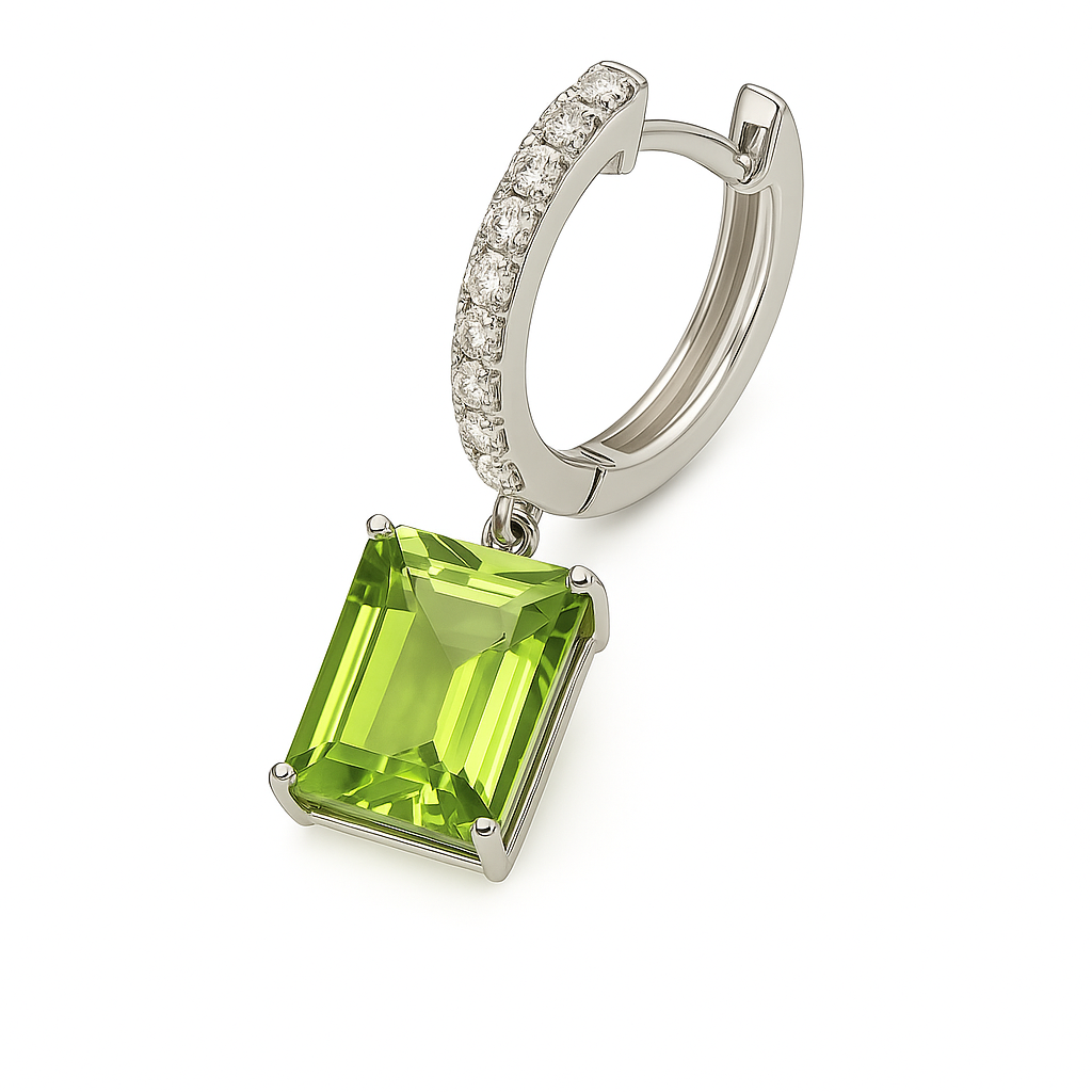 Moissanite & Peridot Huggie Earrings, 8×6 mm emerald cut, crafted in white gold-plated 925 silver. Graceful and hypoallergenic. Available now at BSI Jewelry.