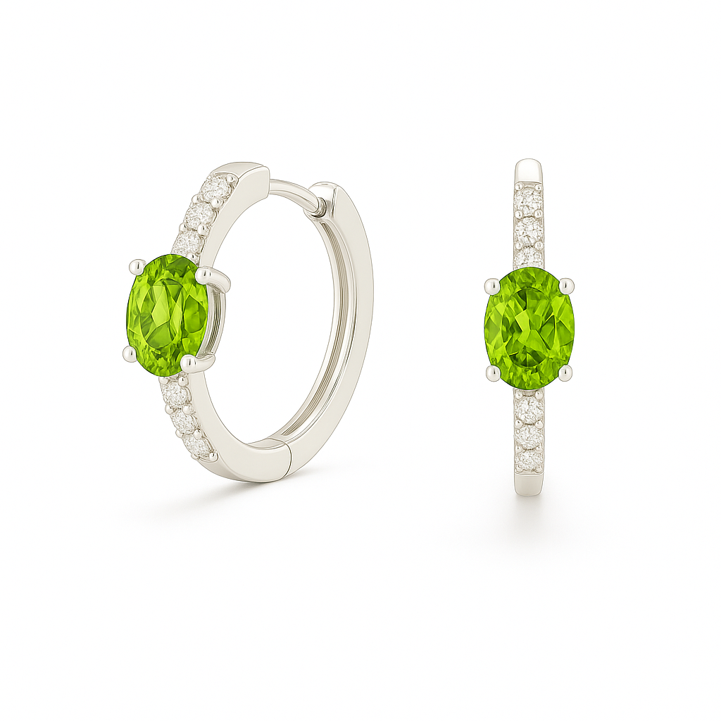 Elegant oval-cut peridot huggie earrings in white gold-plated 925 silver with sparkling Moissanite accents for fresh green charm. Available now at BSI Jewelry.