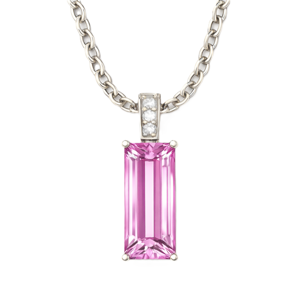 Moissanite and pink amethyst pendant with a 14 × 6 mm baguette-cut gemstone in white gold-plated 925 silver. Soft and elegant. Available now at BSI Jewelry.