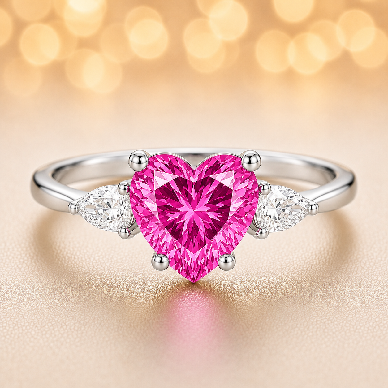 6 mm heart-cut pink sapphire ring with pear-shaped Moissanite accents, set in white-gold-plated 925 silver. Romantic and charming. Available now at BSI Jewelry.