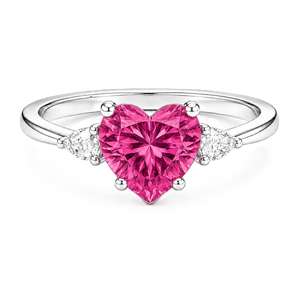 6 mm heart-cut pink sapphire ring with pear-shaped Moissanite accents, set in white-gold-plated 925 silver. Romantic and charming. Available now at BSI Jewelry.