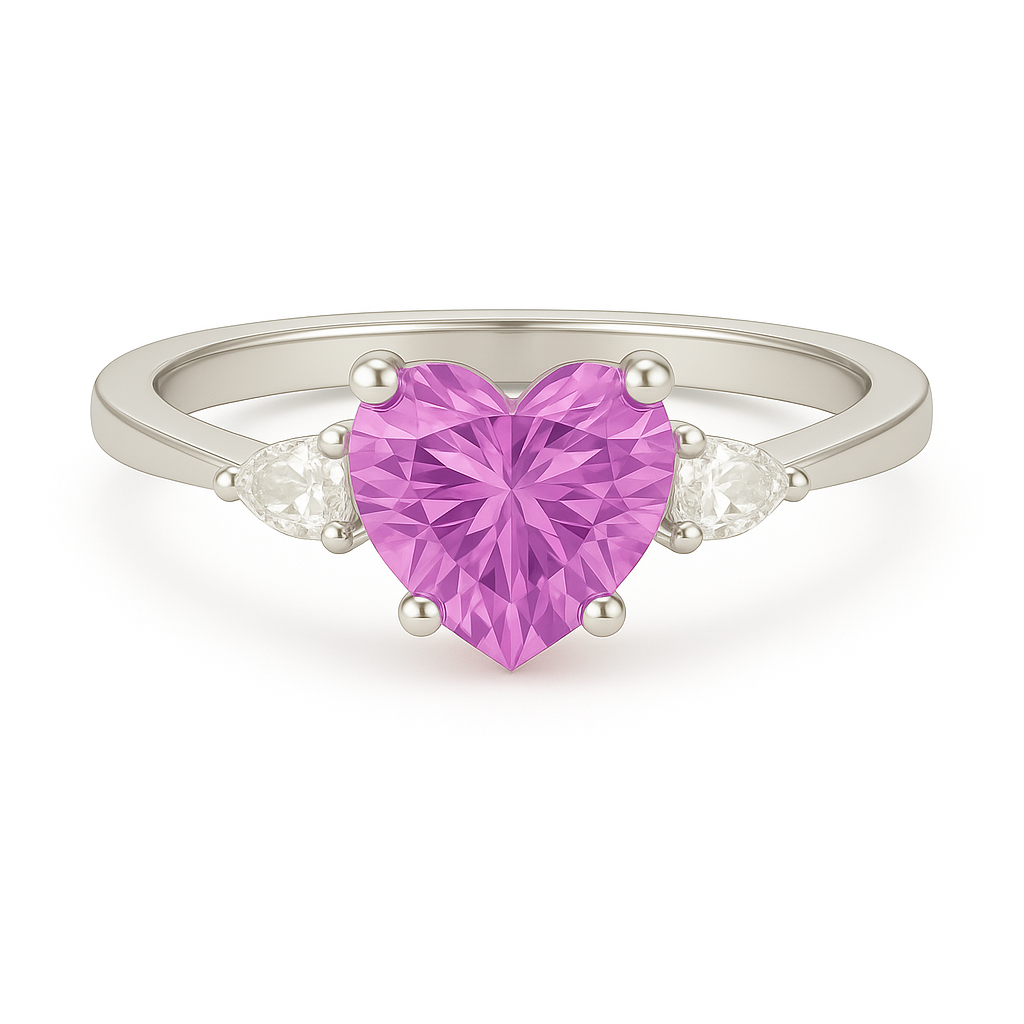 6 mm heart-cut pink sapphire ring with pear-shaped Moissanite accents, set in white-gold-plated 925 silver. Romantic and charming. Available now at BSI Jewelry.
