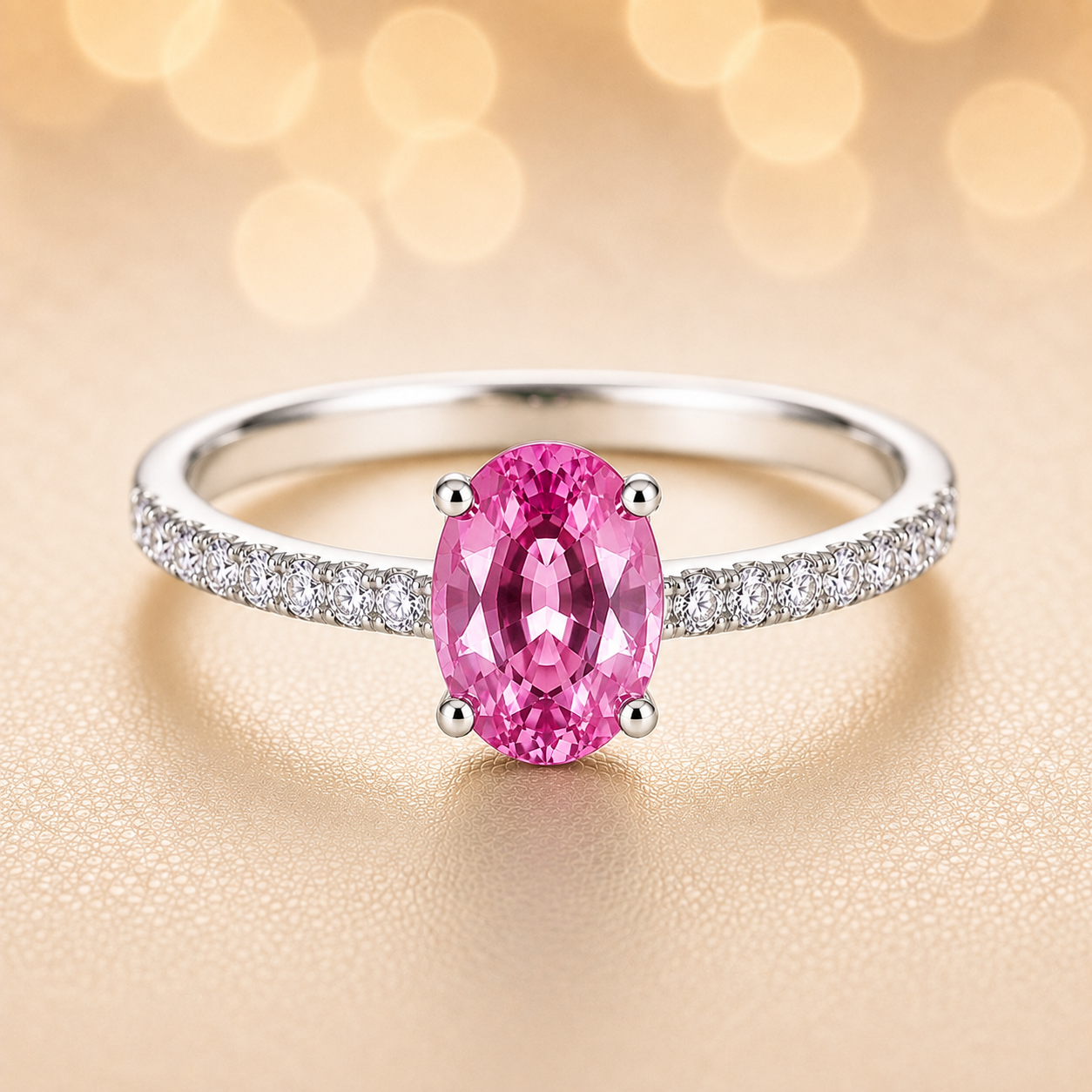 Radiant 7×5 mm pink sapphire oval engagement ring accented with Moissanite, in white gold-plated 925 silver and palladium alloy. Available now at BSI Jewelry.