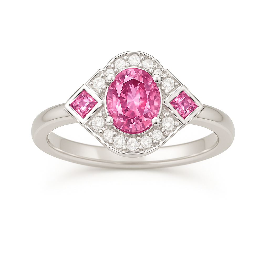 5×4 mm pink sapphire ring with white Moissanite in white gold-plated hypoallergenic 925 silver. Elegant sparkle with soft color. Available now at BSI Jewelry.