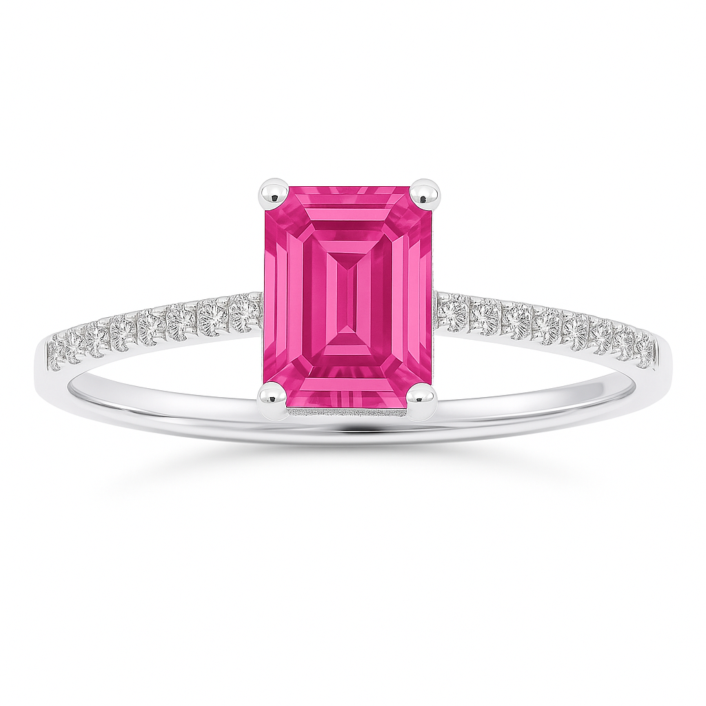 Emerald-cut 7×5 mm pink sapphire ring with Moissanite on white gold-plated 925 silver. Elegant, radiant, and hypoallergenic. Available now at BSI Jewelry.