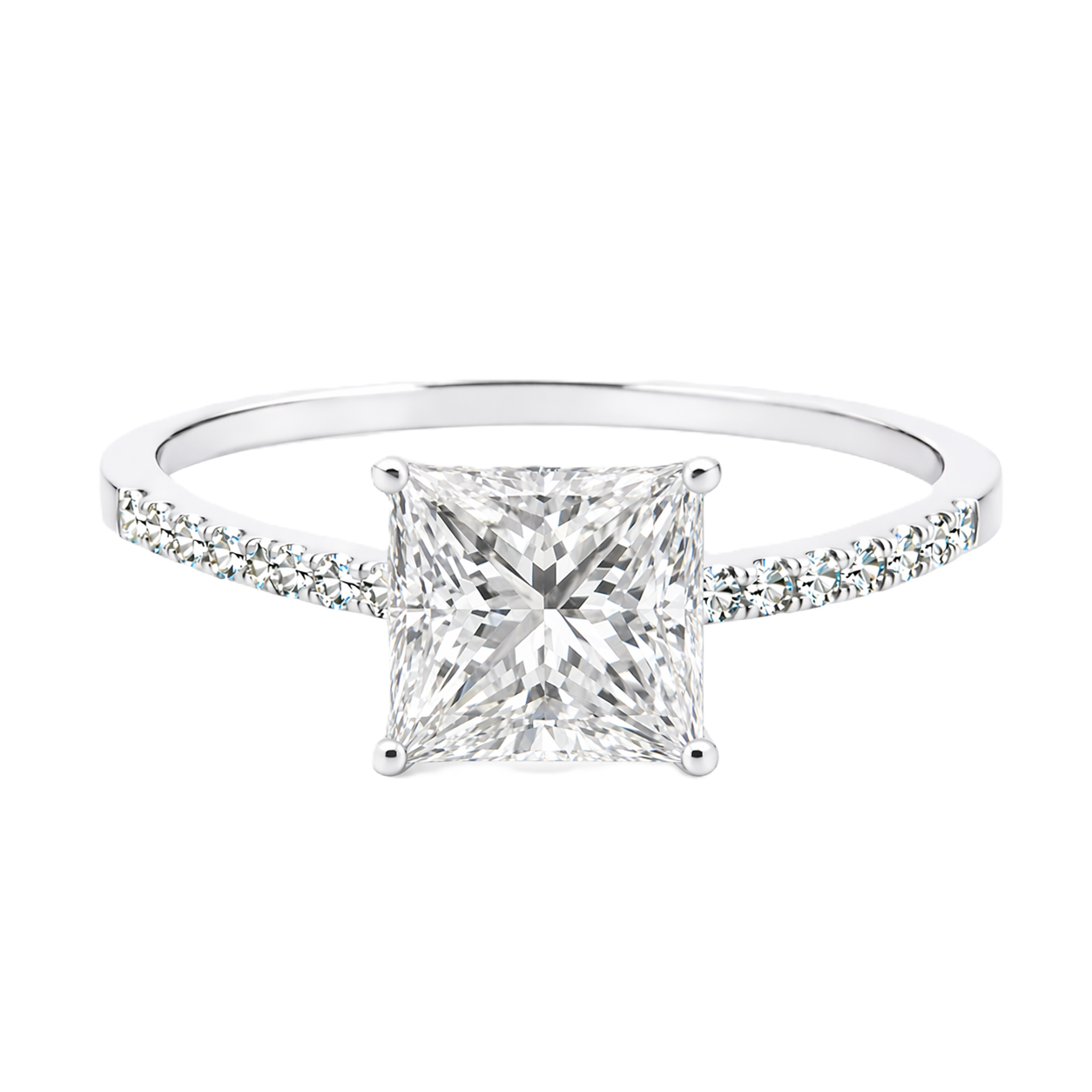 Moissanite princess ring with a 6 mm princess-cut stone, accented by moissanite in white gold-plated 925 silver. Modern and elegant. Available now at BSI Jewelry.