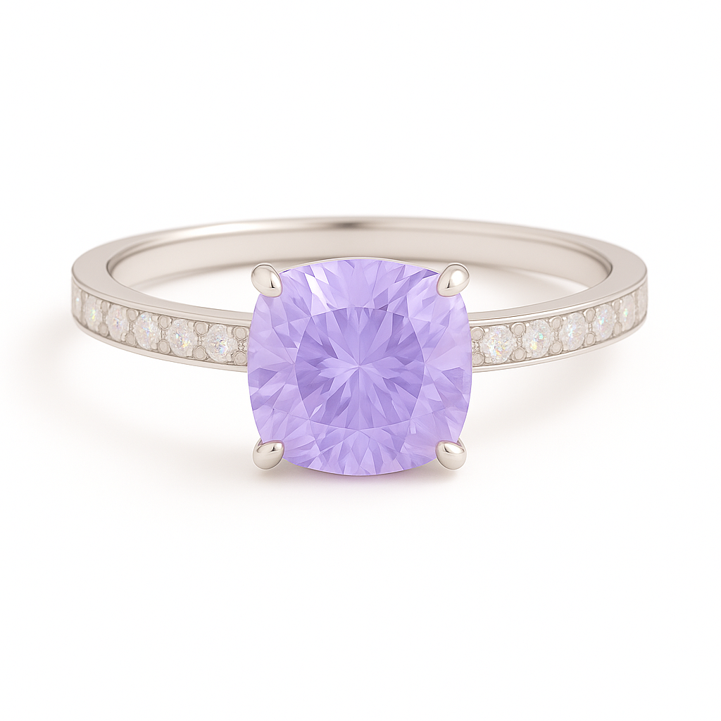 7mm cushion-cut Purple Sapphire ring with Moissanite accents in white-gold-plated 925 silver. Finely crafted and hypoallergenic. Available now at BSI Jewelry.