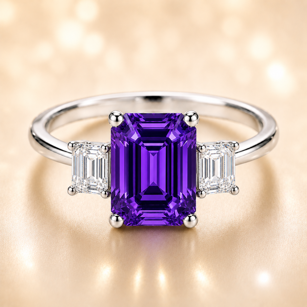 7×5 mm emerald-cut purple sapphire ring with baguette Moissanite accents in white-gold-plated 925 silver. Romantic brilliance. Available now at BSI Jewelry.