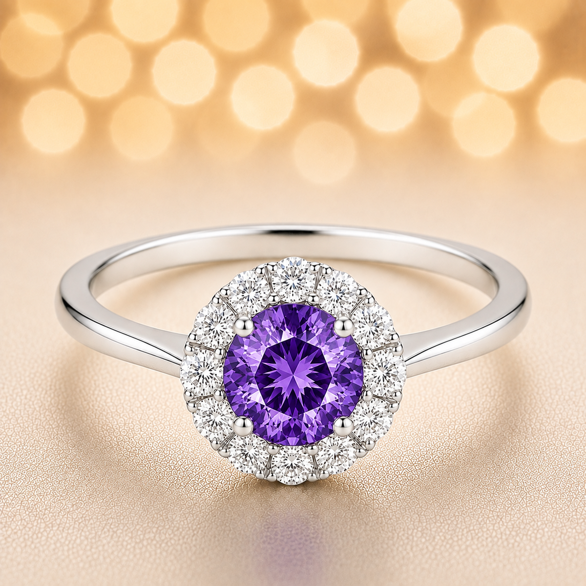 4.3 mm purple sapphire halo ring with white Moissanite in white gold-plated hypoallergenic 925 silver. Elegant sparkle and color. Available now at BSI Jewelry.