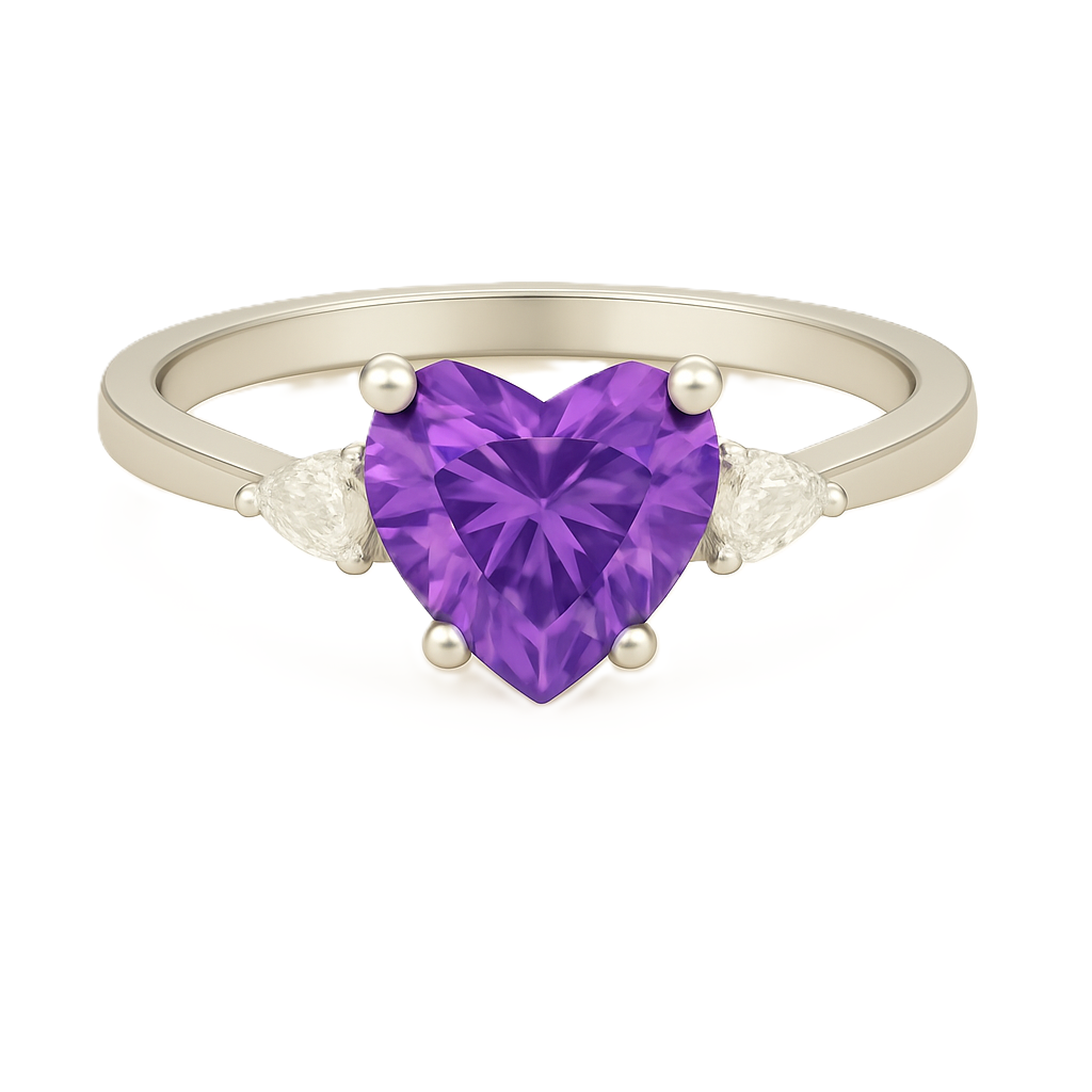 6 mm heart-cut purple sapphire ring with pear-shaped Moissanite accents, set in white-gold-plated 925 silver. Romantic and charming. Available now at BSI Jewelry.
