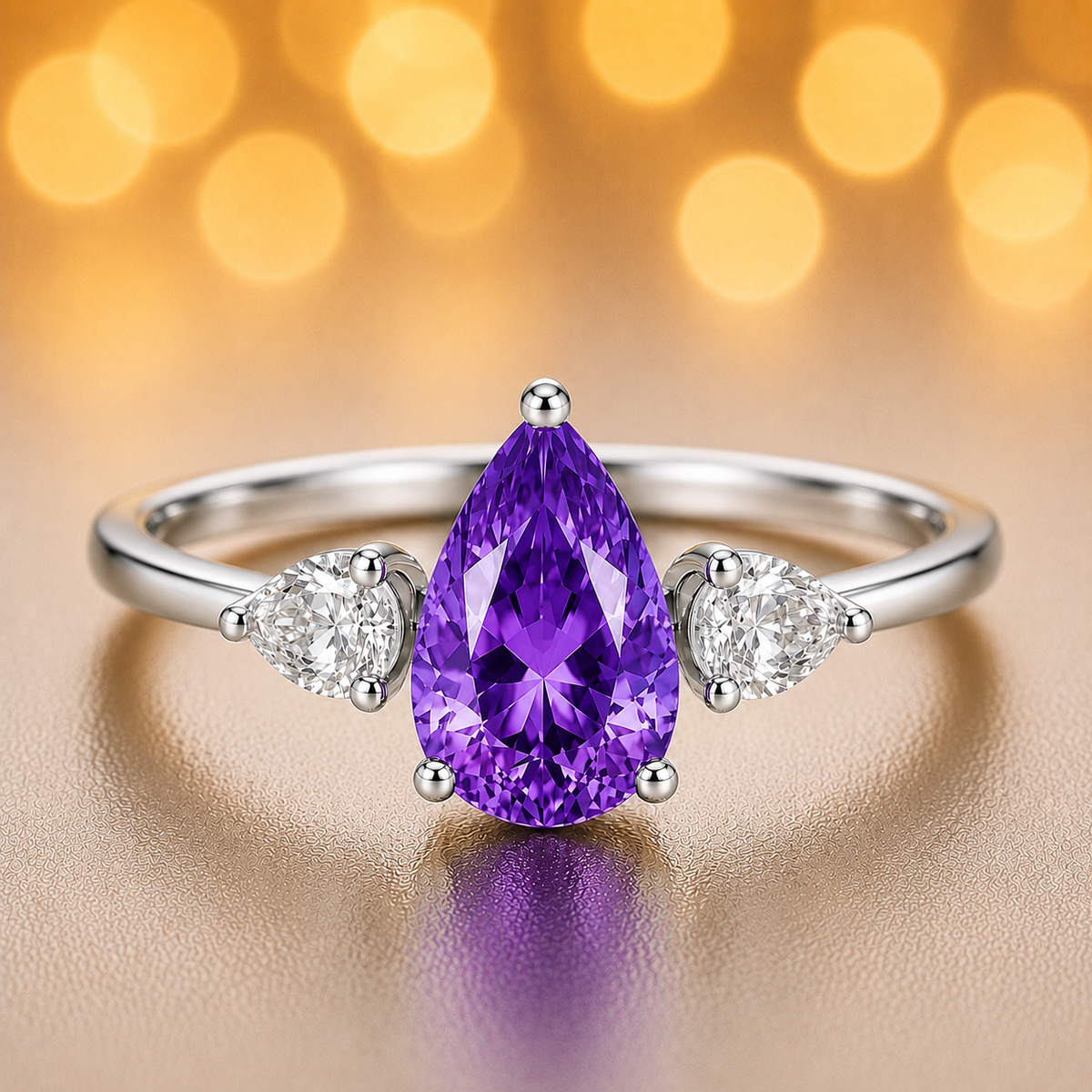 Pear-cut purple sapphire ring accented with Moissanite side stones in white-gold-plated 925 silver. Timeless brilliance and vibrant charm. Now at BSI Jewelry.