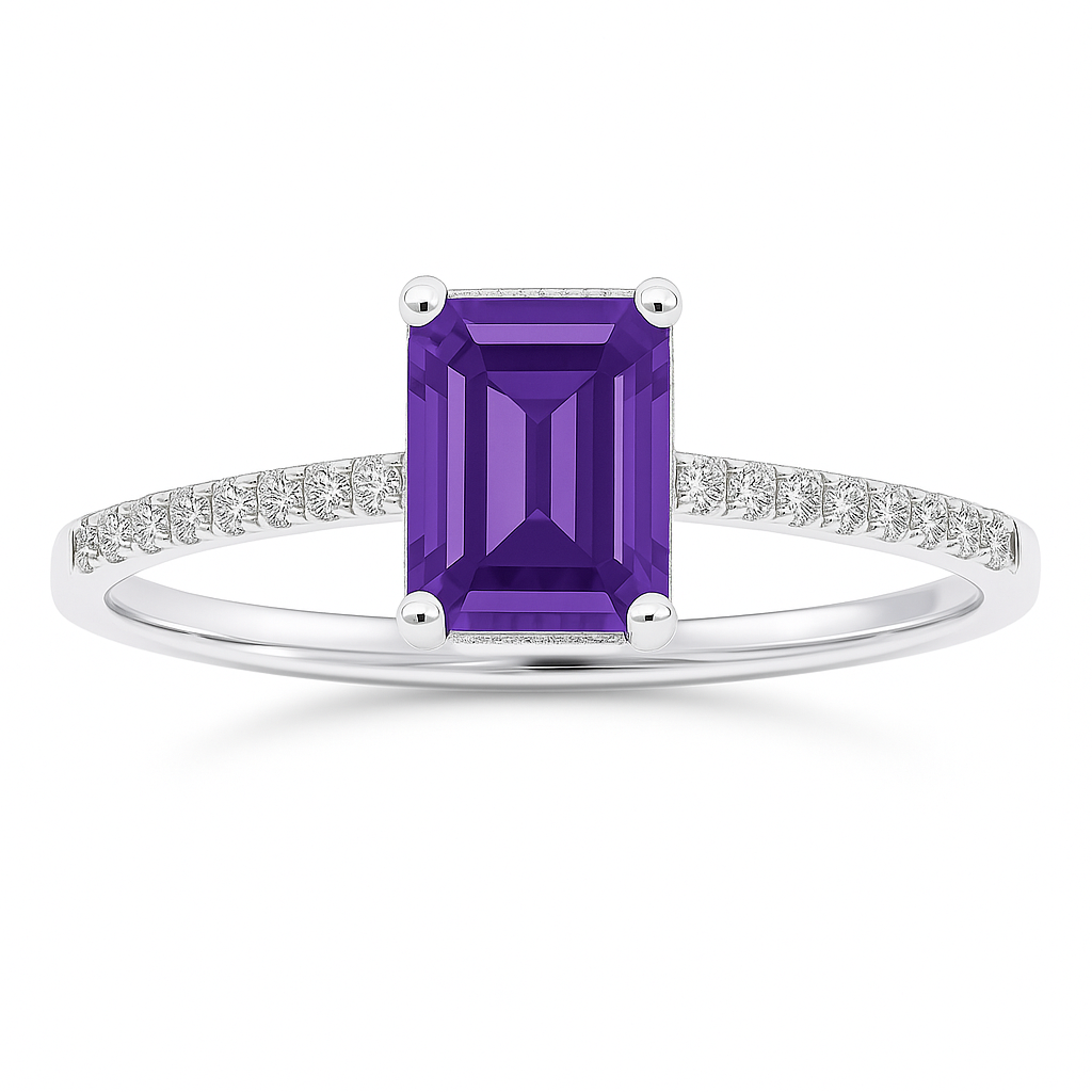 Emerald-cut 7×5 mm purple sapphire ring with Moissanite on white gold-plated 925 silver. Elegant, radiant, and hypoallergenic. Available now at BSI Jewelry.