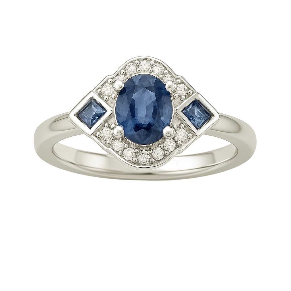 Stunning sapphire halo ring accented with Moissanite in 925 silver. 5×4mm oval sapphire with side stones. Hypoallergenic and timeless. Available at BSI Jewelry.