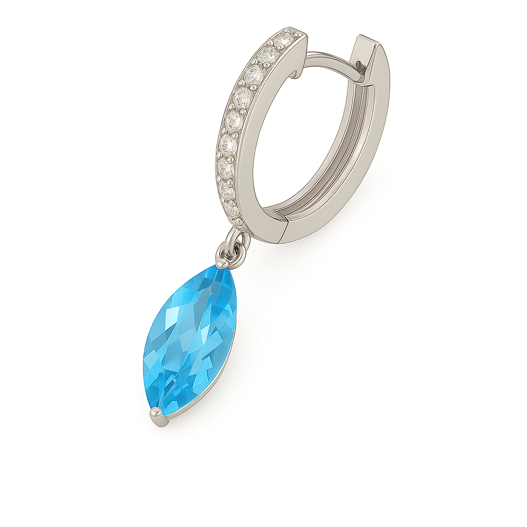 Sky blue topaz huggie earrings, 12×6 mm marquise cut in white gold-plated 925 silver with Moissanite. Elegant and hypoallergenic. Available now at BSI Jewelry.