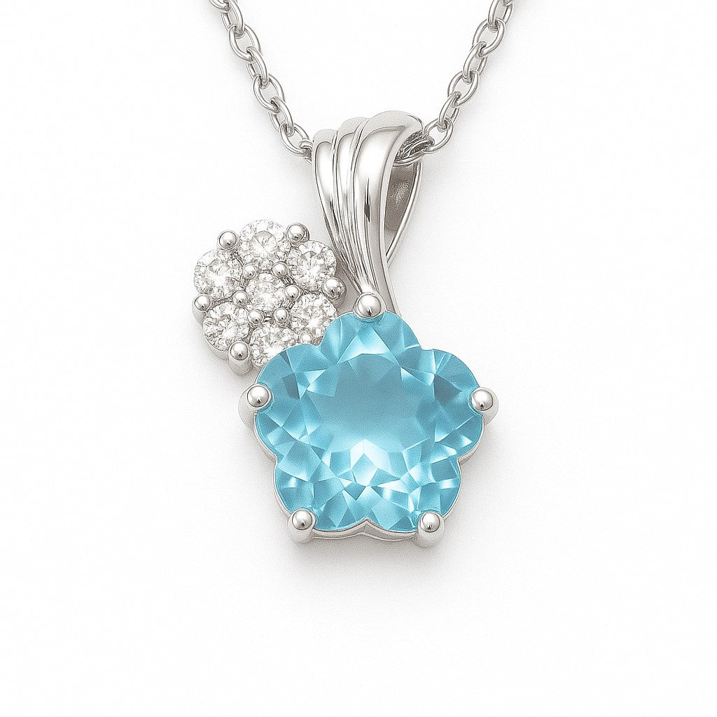 Elegant sky blue topaz flower-cut necklace accented with Moissanite in 925 silver. Featuring an 8 mm gem, hypoallergenic and radiant. Available at BSI Jewelry.