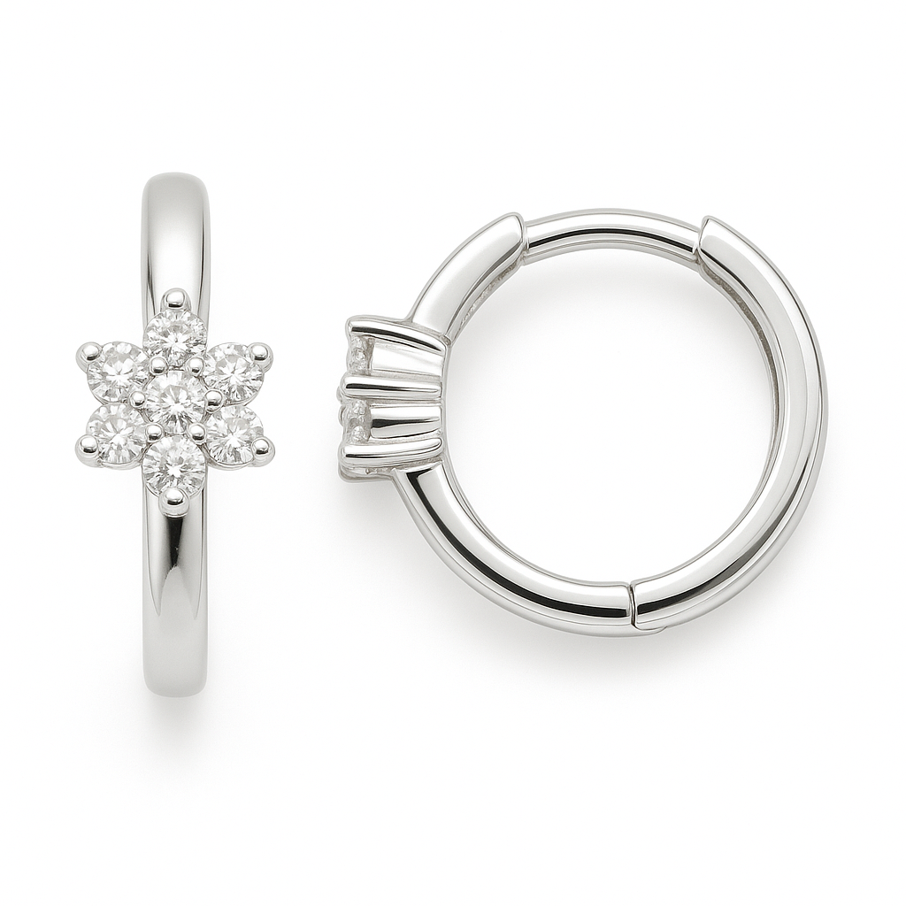 Moissanite star huggie earrings in 925 silver with a star cluster. Sparkling design adding charm and brilliance to everyday style. Available now at BSI Jewelry.