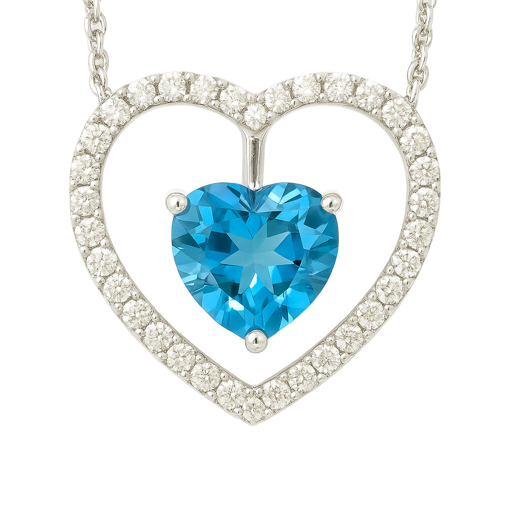 Romantic heart necklace with Swiss Blue Topaz in white gold-plated 925 silver, framed by a Moissanite halo. Hypoallergenic silver. Available now at BSI Jewelry.