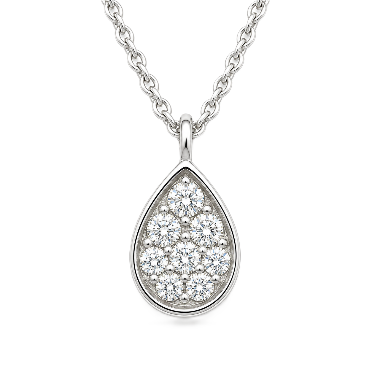 Radiant Moissanite teardrop pendant in 925 silver with pavé brilliance and refined finish. Hypoallergenic and elegant for daily wear. Available at BSI Jewelry.