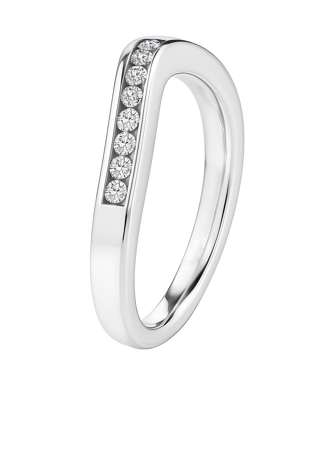 Elegant Moissanite V-shaped wedding band in 925 silver with channel-set brilliance. Finely crafted for radiant stacking and daily elegance. Now at BSI Jewelry.