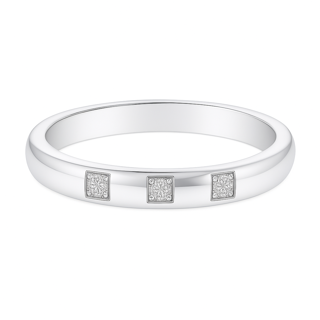 Elegant three-stone Moissanite wedding band with 2.50 mm width, crafted in white gold-plated 925 silver with palladium alloy. Available now at BSI Jewelry.