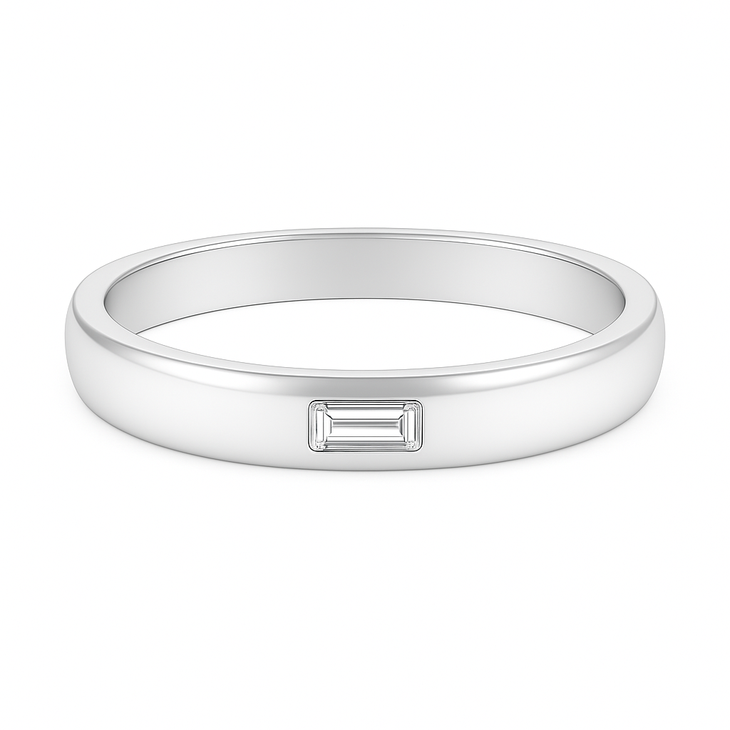 Elegant Moissanite wedding band with 4×2mm baguette-cut stones in white gold-plated 925 silver and palladium alloy. A symbol of grace. Available at BSI Jewelry.