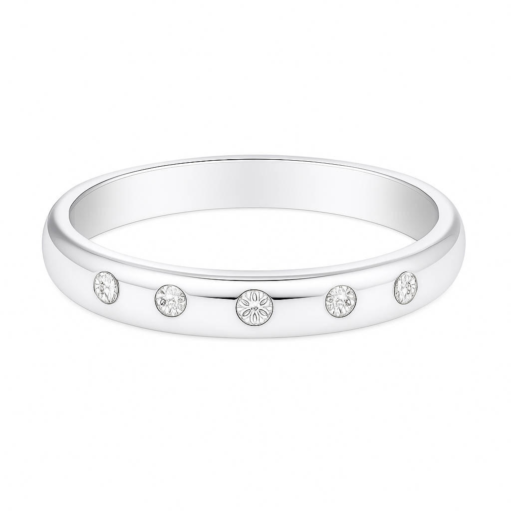 Timeless Moissanite wedding band with five round brilliant stones in 2.50 mm width. White gold-plated 925 silver with palladium alloy. Now at BSI Jewelry.