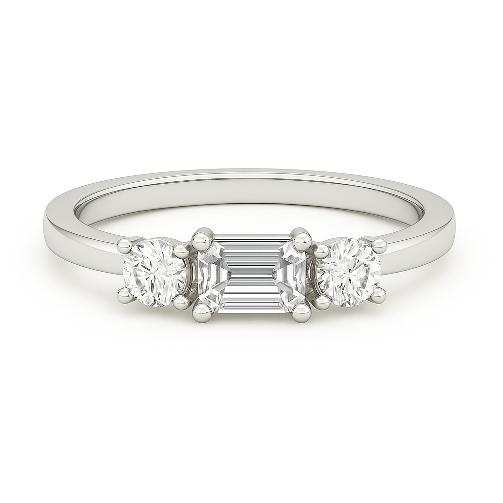 Moissanite wedding band with 5×3 mm emerald-cut and 3 mm round in white gold-plated 925 silver with palladium alloy. Elegant and radiant. Now at BSI Jewelry.