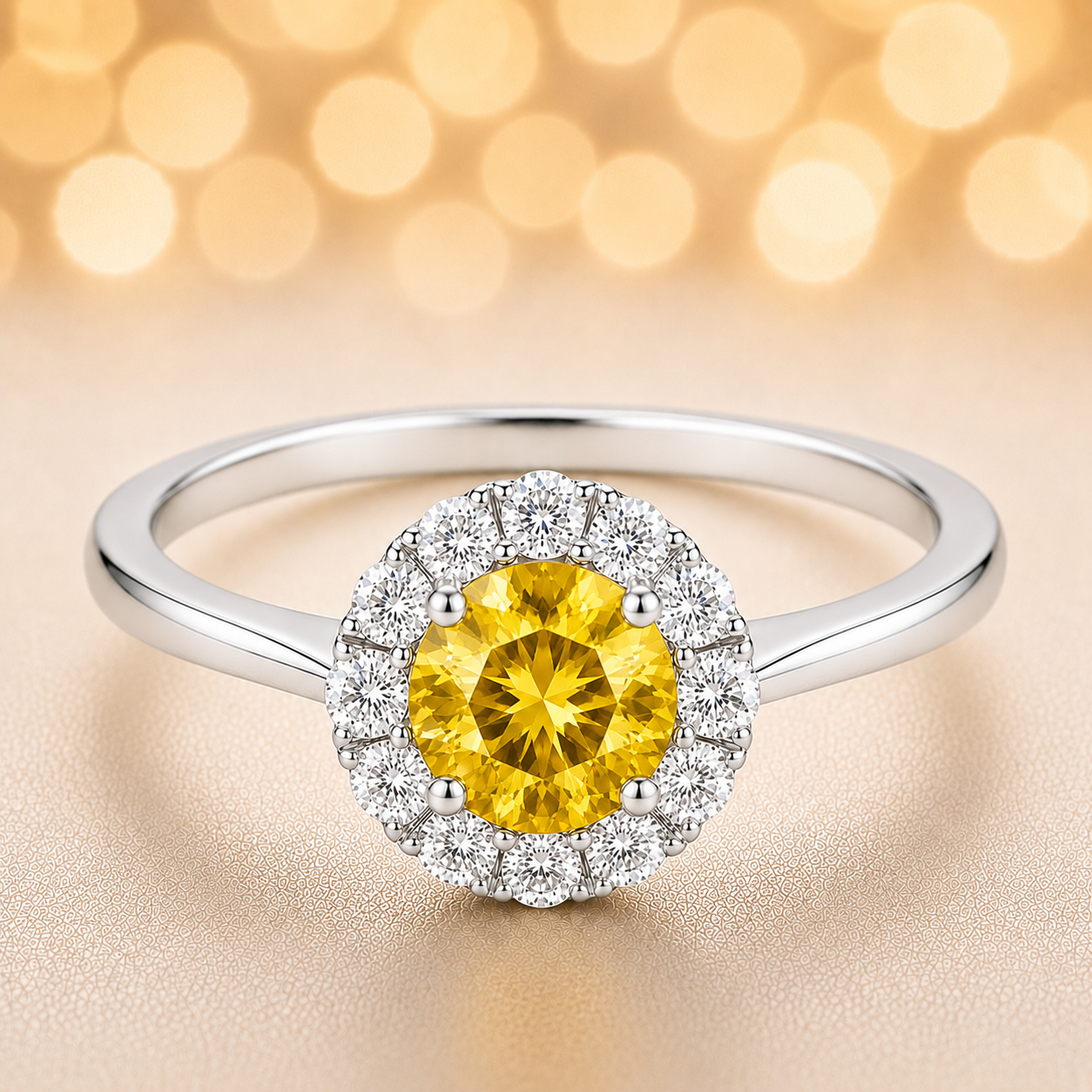 4.3 mm yellow sapphire halo ring with white Moissanite in white gold-plated hypoallergenic 925 silver. Elegant and brilliant sparkle. Available now at BSI Jewelry.