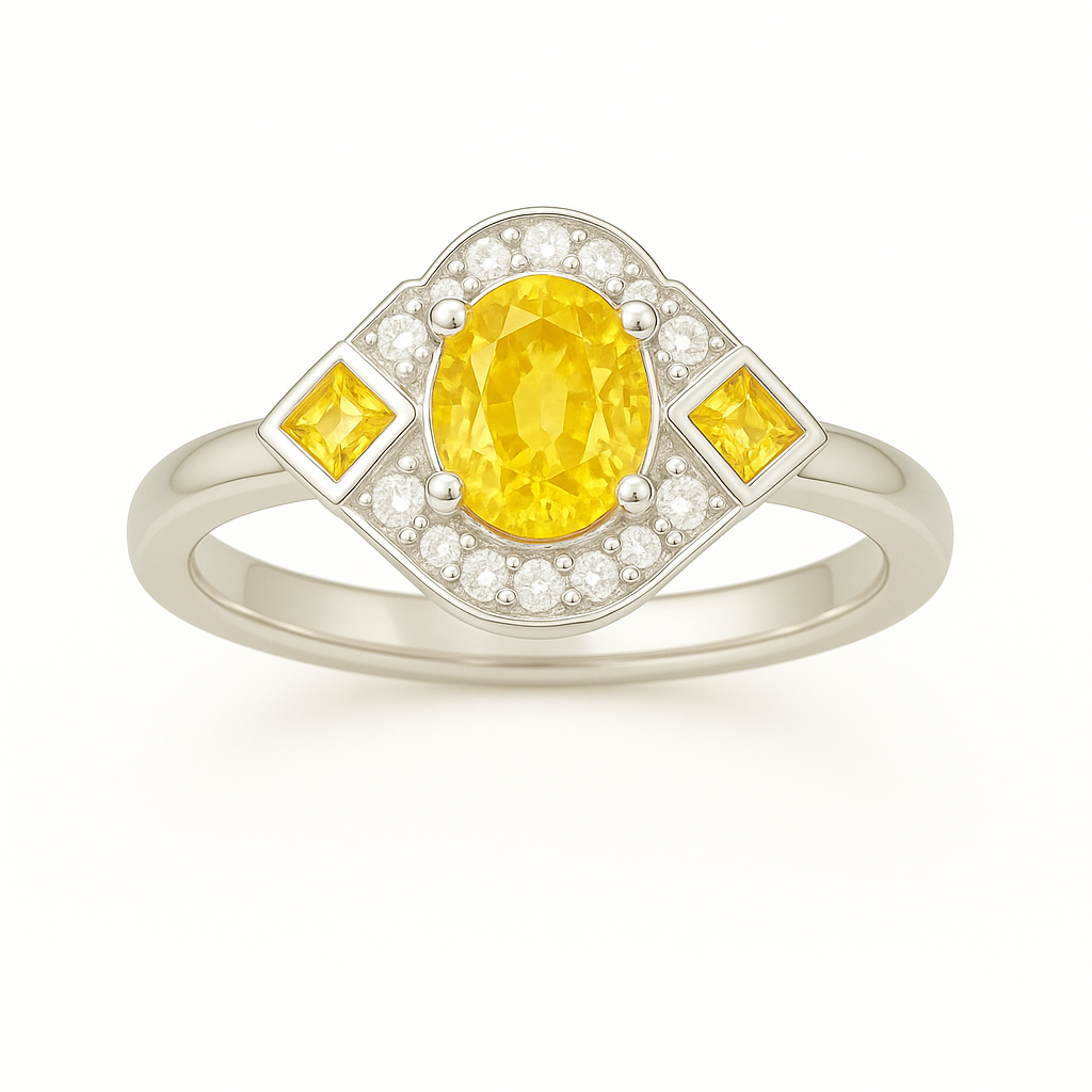 5×4 mm yellow sapphire ring with white Moissanite in white gold-plated hypoallergenic 925 silver. Timeless color with elegant sparkle. Available now at BSI Jewelry.