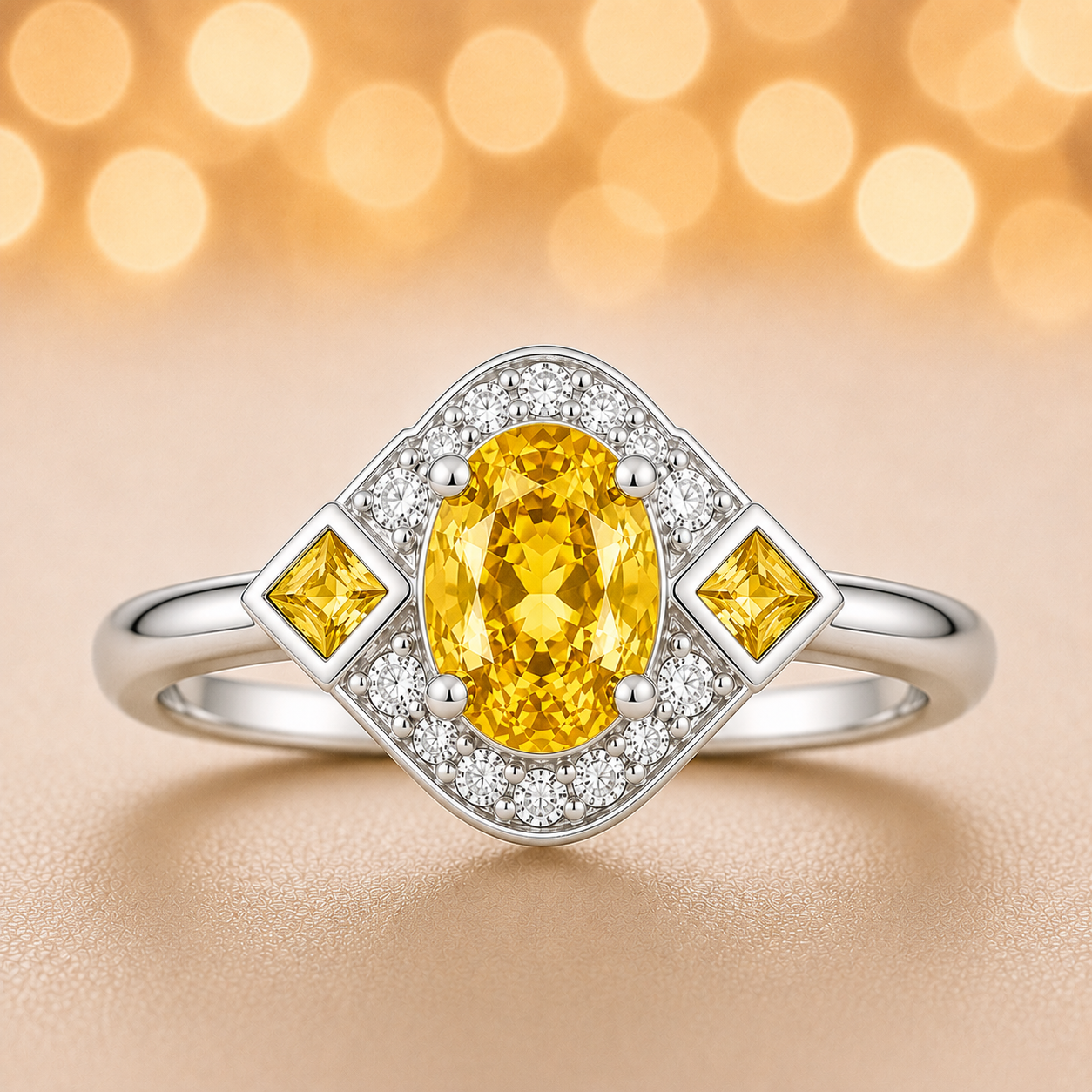 5×4 mm yellow sapphire ring with white Moissanite in white gold-plated hypoallergenic 925 silver. Timeless color with elegant sparkle. Available now at BSI Jewelry.