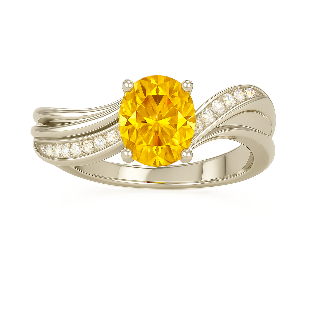 5×4 mm oval-cut yellow sapphire ring with Moissanite accents on a wave band in white-gold-plated 925 silver. Graceful and timeless charm. Now at BSI Jewelry.