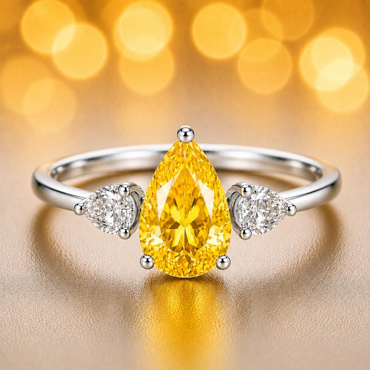 Pear-cut yellow sapphire ring flanked by pear-cut Moissanite side stones in white-gold-plated 925 silver. Vibrant, radiant, and elegant. Available at BSI Jewelry.