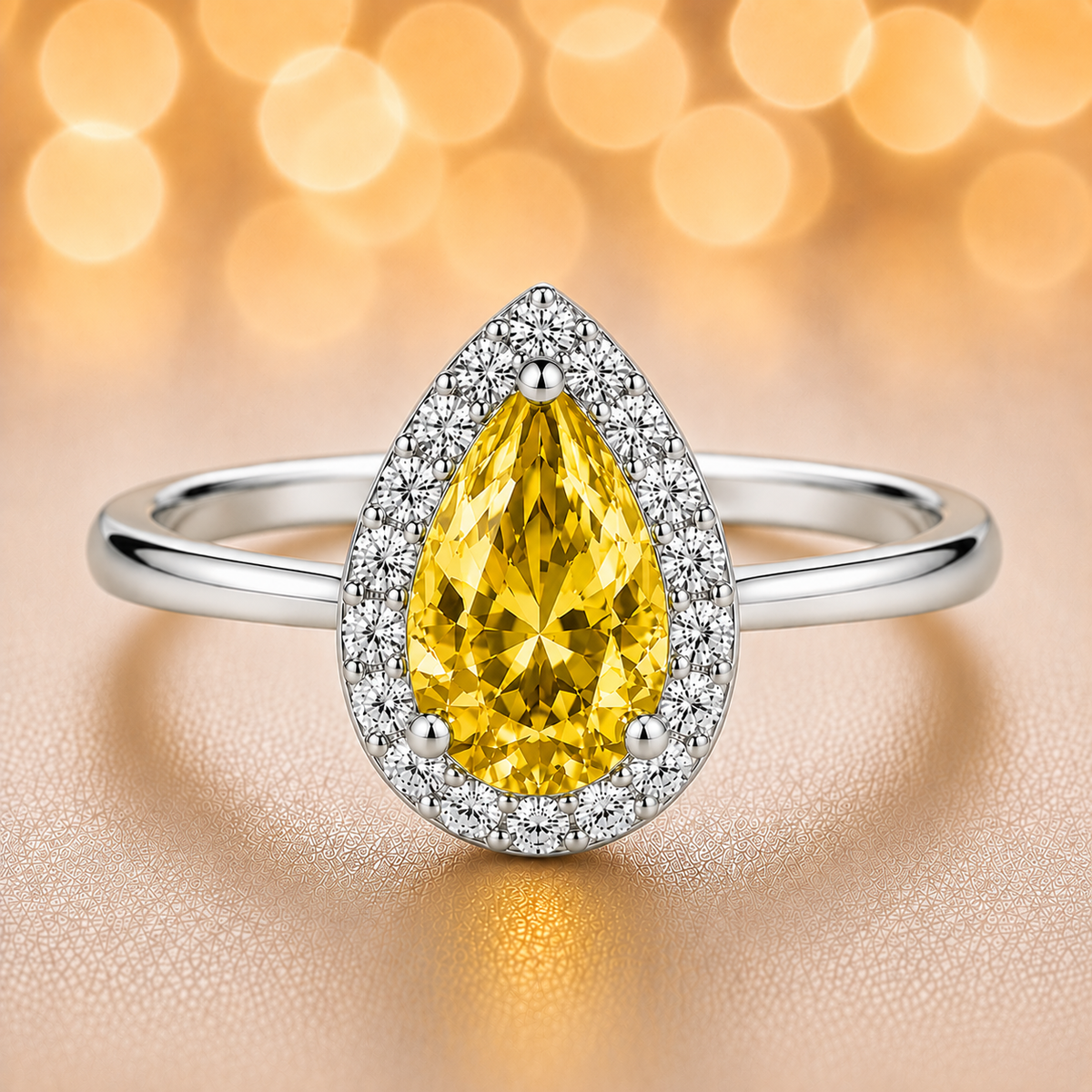 7×5 mm pear-cut yellow sapphire ring with Moissanite halo, crafted in white-gold-plated 925 silver. Elegant sparkle and timeless charm. Available at BSI Jewelry.