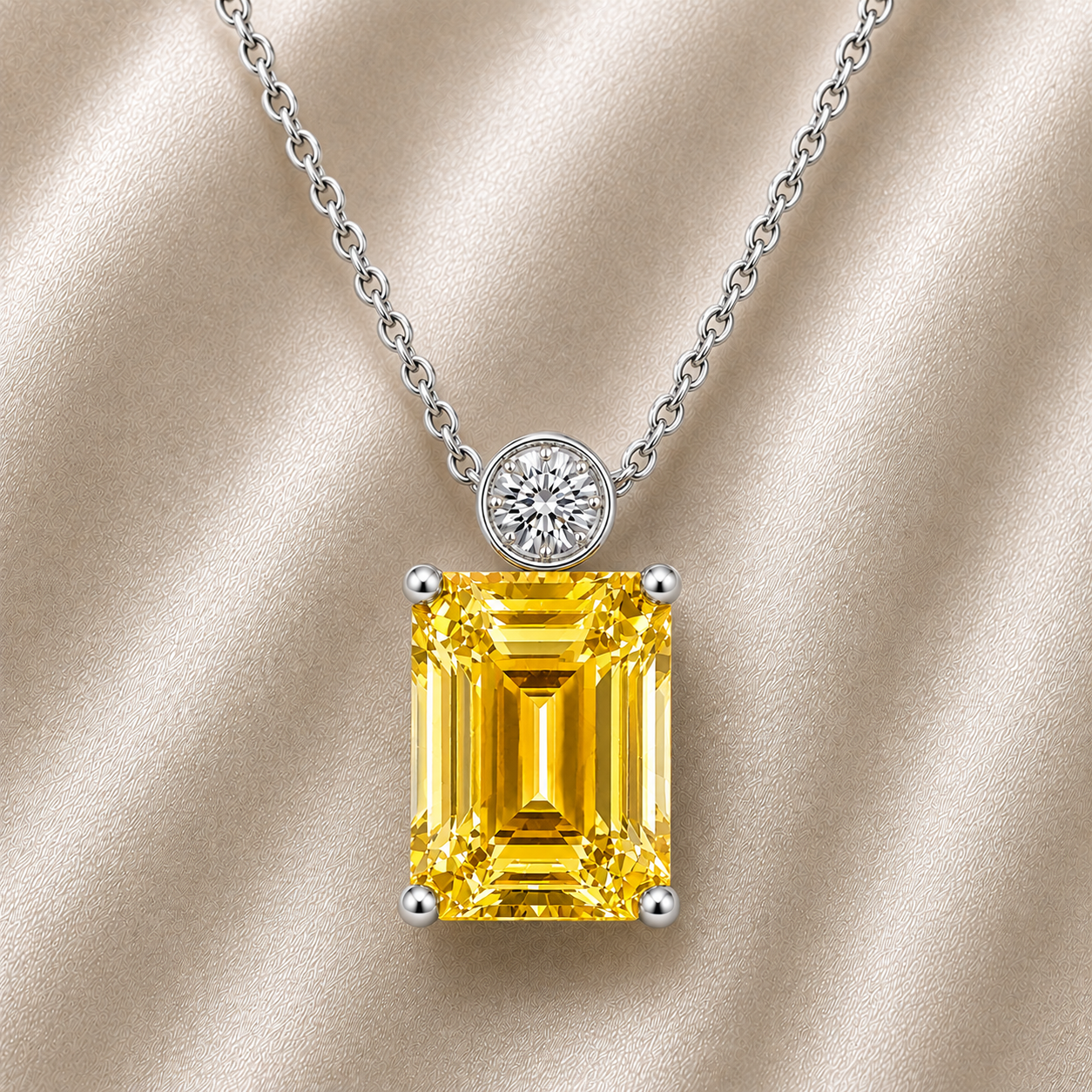 Yellow sapphire & Moissanite pendant with 7×5 emerald-cut stone in white gold-plated 925 silver. Vibrant sparkle and hypoallergenic comfort. Now at BSI Jewelry.
