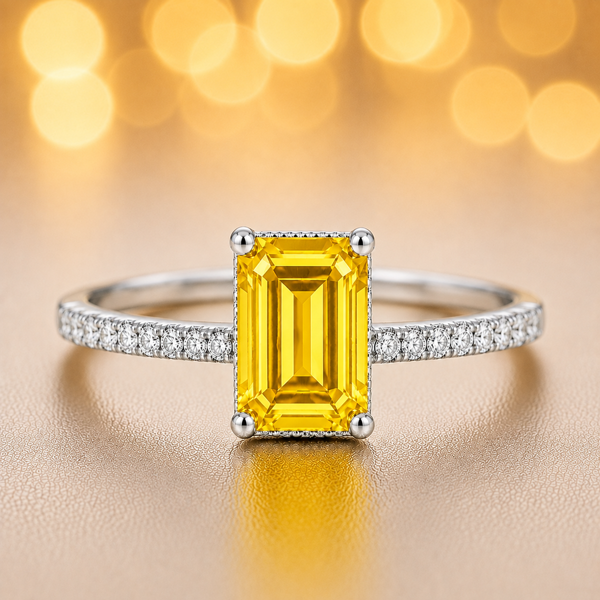 Emerald-cut 7×5 mm yellow sapphire ring with Moissanite on white gold-plated 925 silver. Elegant, radiant, and hypoallergenic. Available now at BSI Jewelry.