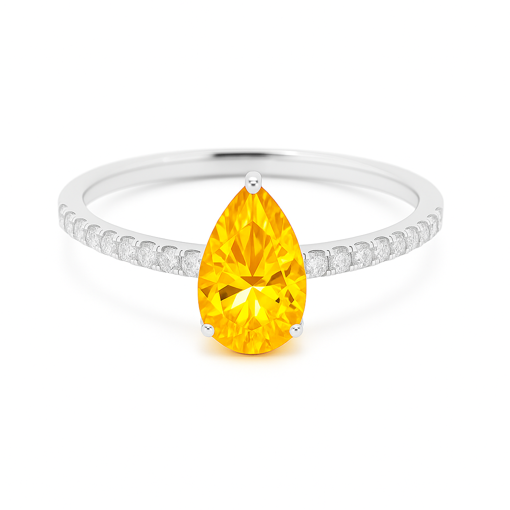 7×5 mm pear yellow sapphire ring with Moissanite on white gold-plated 925 silver. Elegant, radiant, and hypoallergenic. Available now at BSI Jewelry.