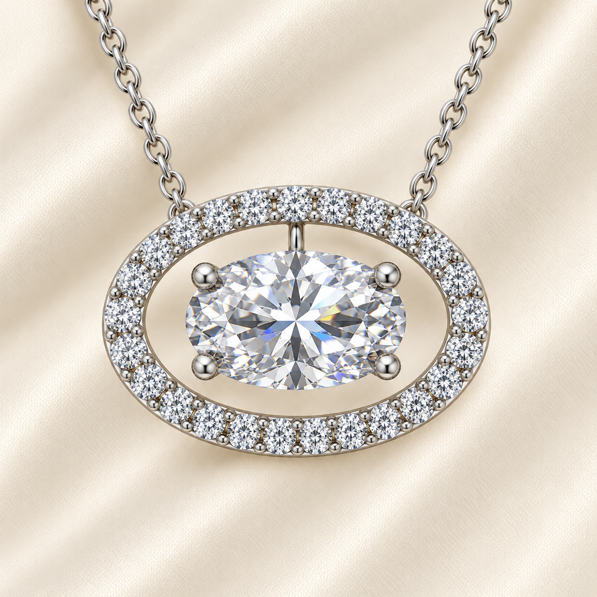 8x6 mm horizontal oval moissanite halo necklace in polished 925 silver with sparkling round moissanite accents, now at BSI Jewelry