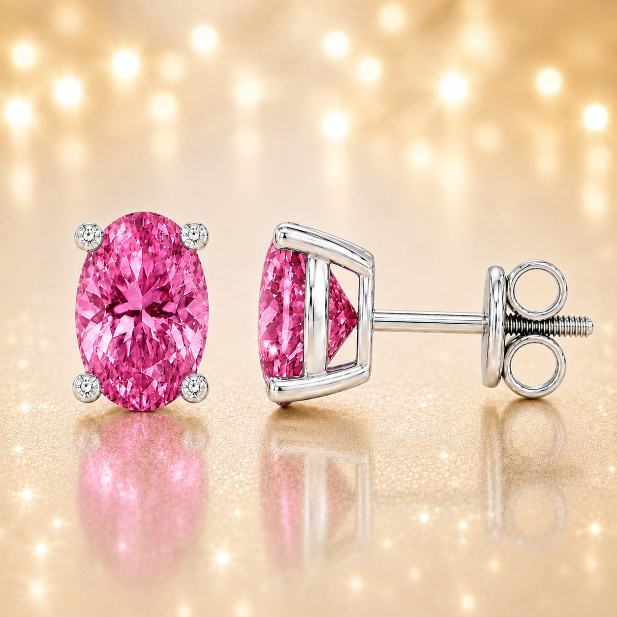 Oval pink sapphire stud earrings with 6×4 mm oval stones and moissanite prongs in white gold plated 925 silver. Available now at BSI Jewelry.