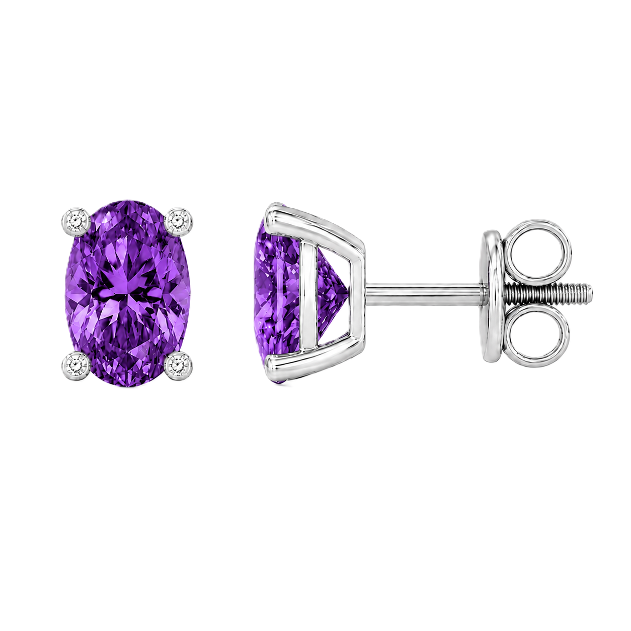 Oval purple sapphire stud earrings with 6×4 mm oval stones and moissanite prongs in white gold plated 925 silver. Available now at BSI Jewelry.