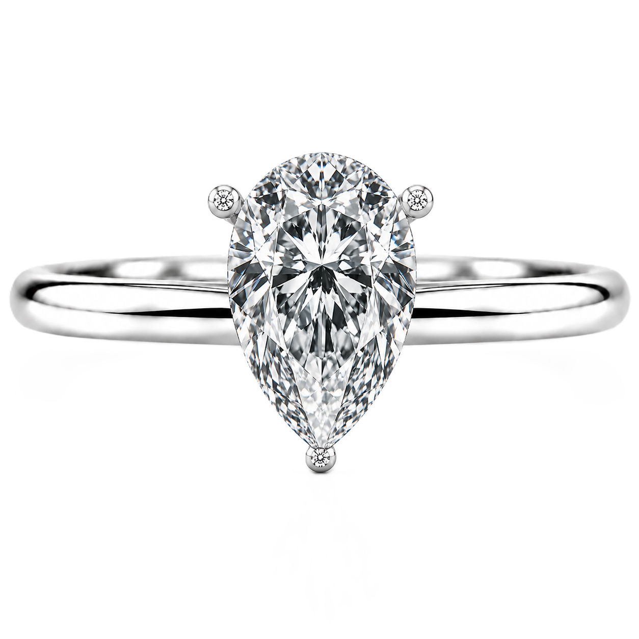 Timeless pear moissanite engagement ring with a 6×4 mm pear-cut center stone, crafted in white gold plated 925 silver. Available now at BSI Jewelry.