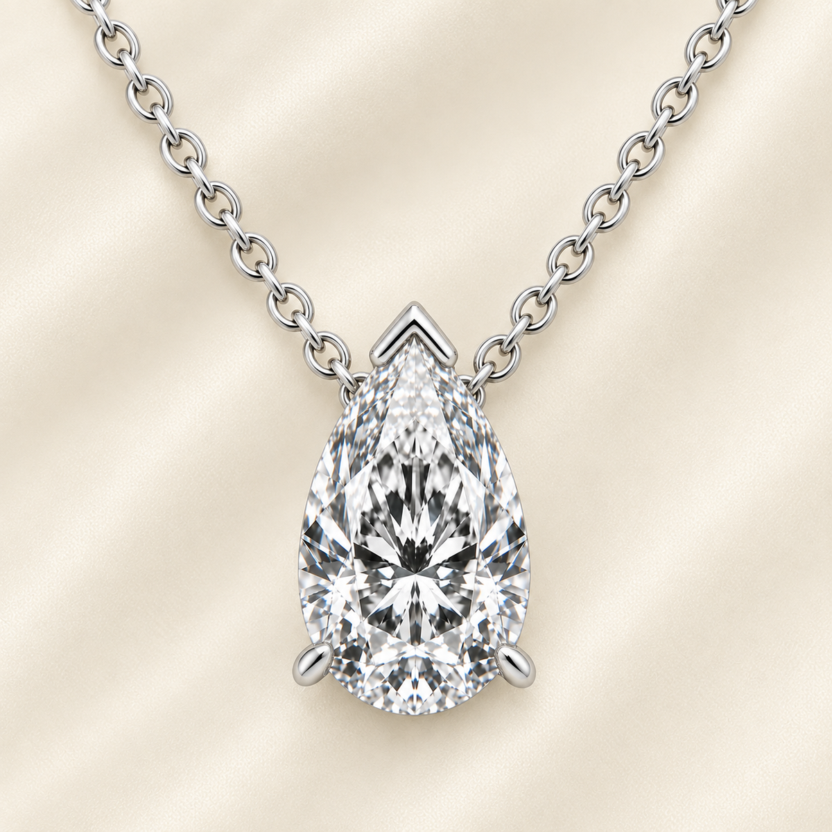 Pear moissanite necklace, 8×5 mm pear, set in white gold-plated 925 silver. Brilliant sparkle, elegant and timeless for daily wear. Available now at BSI Jewelry.