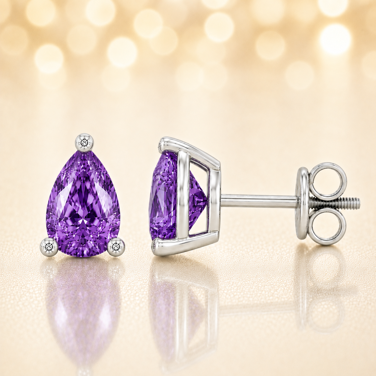 Pear purple sapphire stud earrings with 6×4 mm stones and moissanite prongs in white gold plated 925 silver. Available now at BSI Jewelry.