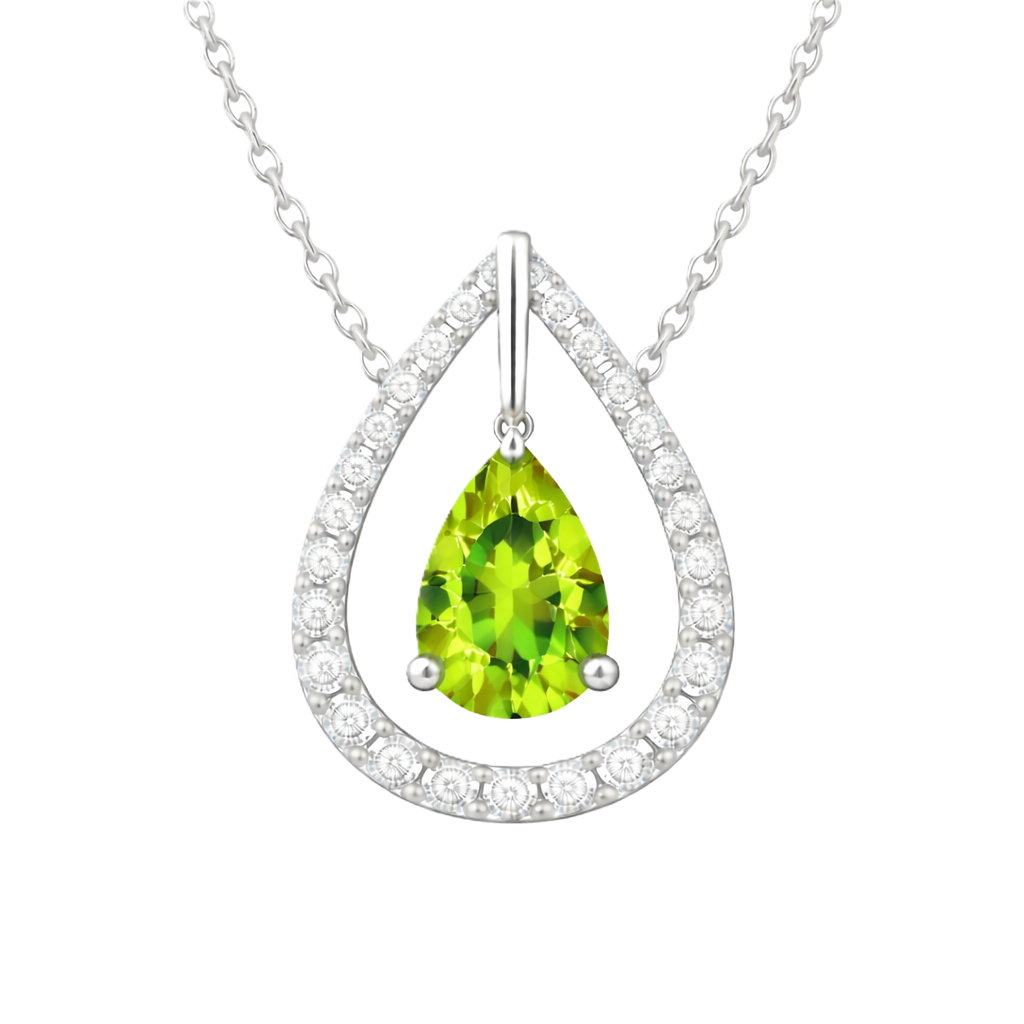 Peridot necklace with a 7×5 mm pear-cut in white gold-plated 925 silver, accented by a moissanite halo. Elegant and refined. Available now at BSI Jewelry.