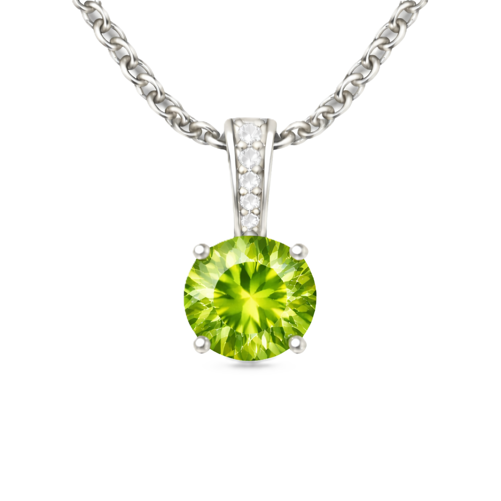 Peridot pendant with a 6 mm round cut, set in white gold-plated 925 silver. Fresh, luminous, and elegant for daily wear. Available now at BSI Jewelry.