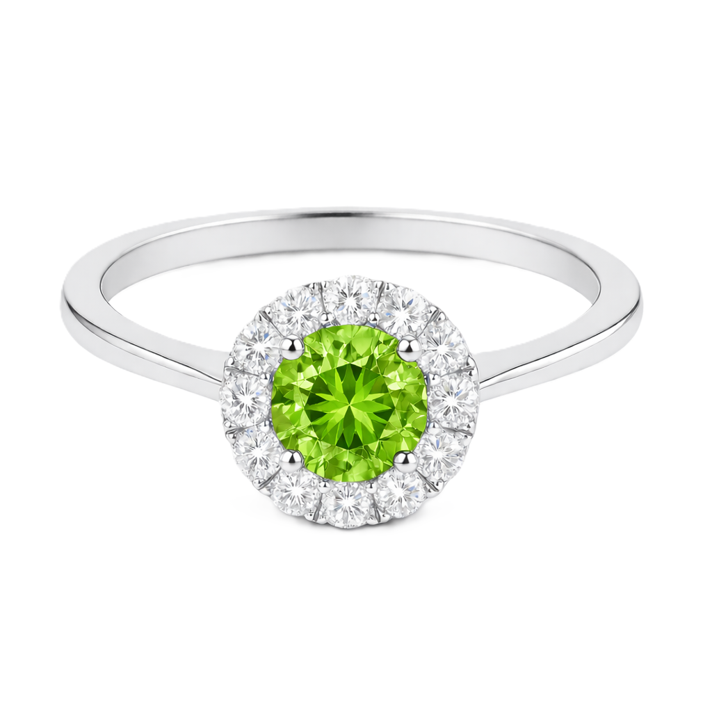 Peridot ring with a 4.50 mm round-cut stone in white gold-plated 925 silver, accented with moissanite for fresh green brilliance. Available now at BSI Jewelry.