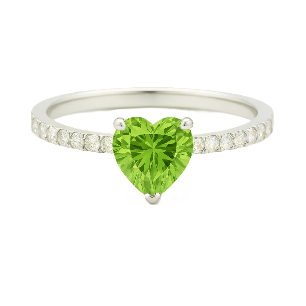 Peridot ring with a 6 mm heart-cut in white gold-plated 925 silver, accented with moissanite. Romantic and elegant for daily wear. Available now at BSI Jewelry.