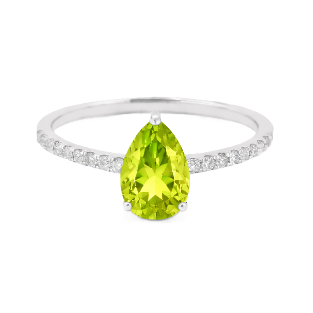 Peridot ring with a 7×5 mm pear-cut stone and moissanite accents in white gold plated 925 silver. Elegant for daily wear. Available now at BSI Jewelry.